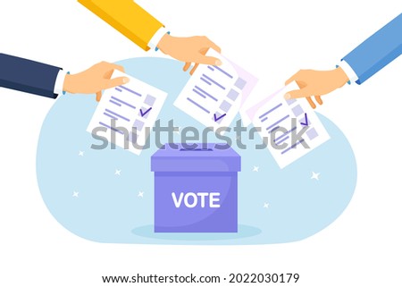Vote ballot box. Group of people putting paper vote into the box. Election concept. Democracy, Freedom of speech, justice voting and opinion. Referendum and poll choice event. Vector illustration