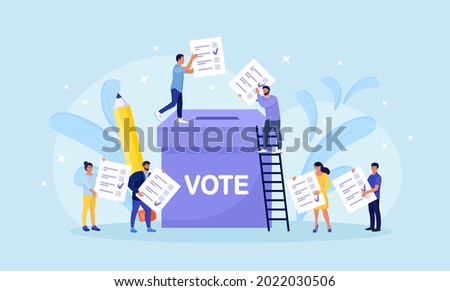 Vote ballot box. Group of people putting pepper vote into the box. Election concept. Democracy, Freedom of speech, justice voting and opinion. Referendum and poll choice event. Vector illustration