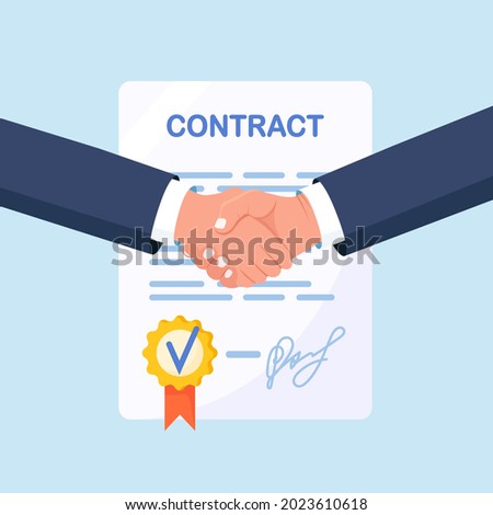 Handshake of Two Businessmen. Agreement of Parties. People Shaking Hands firmly after Signing Documents. Successful Partnership, Cooperation, Investment. Vector illustration