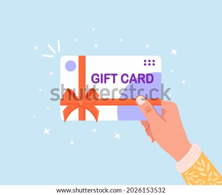 Human hand hold gift card, voucher or coupon. Shopping discount certificate for customers. Vector illustration