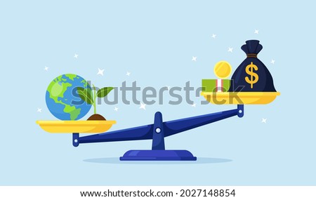 Money and planet earth on bowls of scales. Money bag, stack of currency and globe balance on scales. Save, defense of environment. Vector illustration