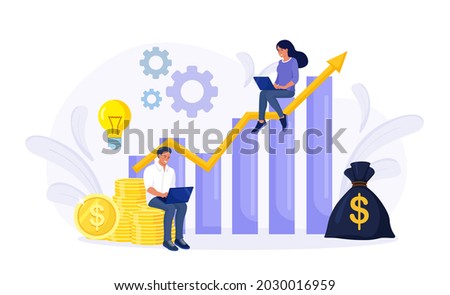 Investment and Analysis Money Profits. Investor sitting on stack of coins. Employee Making Investing Plans, Calculating Benefits on Laptop. Profitable investment, funding Financial consulting, savings