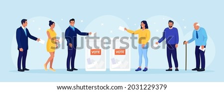 Election campaign. Different voters casting ballots at polling place. People making decision and putting paper ballot in vote box. Idea of democracy and government. Vector illustration