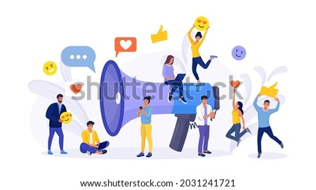 Social media promotion services with megaphone. Big loudspeaker to communicate with audience. Attracting subscribers, positive feedback, followers. PR agency team for influencer digital marketing