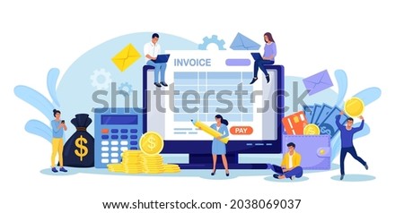 Online Tax Payment. People Filling Application for Tax Form. Tiny Characters with Computer Calculating Payment or Finance Report. Electronic Payment of Invoice, Digital Receipt, Online Banking