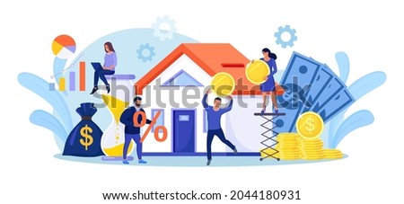 Tiny people buying house in debt. People investing money in property. Mortgage loan, ownership and savings. Home is like a piggy bank. Real estate investment, house purchase. Vector illustration