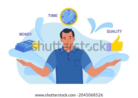 Businessman contemplating over conflicting interrelated values triangle. Time, money cost or quality question concept. Customer expectations for the service or product. Vector illustration  Foto d'archivio © 