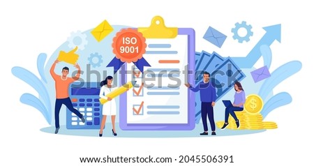 ISO 9001 quality management system and international certification. Tiny business people passed standard quality control. Document standardization industry. Vector illustration