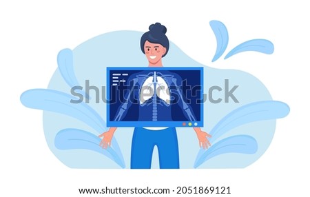 Fluorography exam of patient in hospital. X-ray scanning of woman. Chest xray screening. Roentgen photography, chest radiography. Pulmonological examination. Lungs with tuberculosis, cancer, asthma