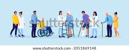 Disabled man sitting in wheelchair. Woman is walking, leaning on orthopedic walker. Blind patient walk with cane. Guy with broken leg in cast with crutches. People with disabilities. Rehabilitation