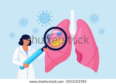 Pulmonology. Tiny doctor examining lungs with magnifier. Tuberculosis, pneumonia, lung cancer treatment or diagnostic. Internal organ inspection for respiratory system illness, disease or problems