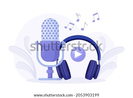 Online broadcasting concept. Audio recording. Sound recording equipment, microphones, headset. Headphones with microphone. Music earphones. Vector illustration