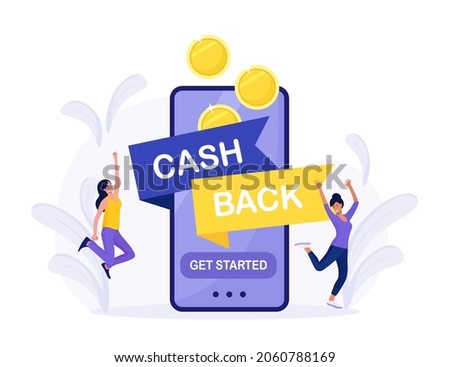 Online cash back or money refund concept. Happy people receiving cashback for shopping. Big phone with button get started the cashback. Saving money, get vouchers and discounts, reward program