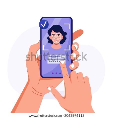 Face ID access, face recognition system for verification. Woman hold phone with facial biometric identification system. Mobile phone users getting access to data after biometrical checking