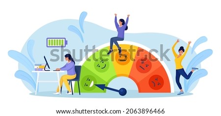 Low Stress level, good mood indicator. Energetic business woman working at table with computer. Fully charged active girl. Mentally healthy employee. Professional productivity, motivation, enthusiasm