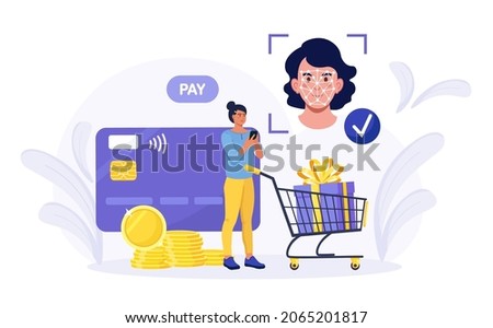 Woman using face recognition technology for payment. Person use facial Biometric Identification application to login to system to buy. Smartphone id security system. Client shopping online