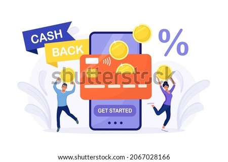 Online cash back or money refund concept. Happy people receiving cashback for shopping. Big phone with button get started the cashback. Saving money, get vouchers and discounts, reward program