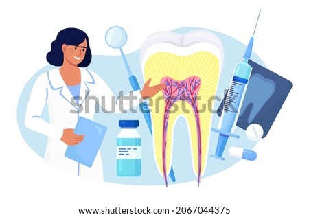Stomatology, Dentistry Concept. Big Tooth and Professional Instruments for Check Up and Treatment. Dentist Appointment. Doctor Treating Big Unhealthy Teeth with Caries Cavity. Toothache ストックフォト © 