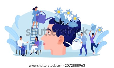 Mental health. Tiny people watering human head with flowers inside. Characters healing mind, soul for happy lifestyle. Psychology. Positive thinking, self care. Wellbeing, acceptance, blooming brain
