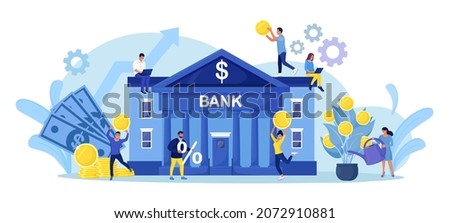Bank building with money tree. Tiny People holds gold coins near Government Finance Department or Tax Office Column Building. 
Bank financing, money exchange, saving or accumulating money
