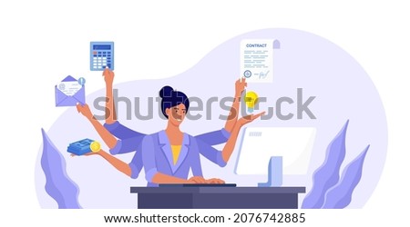Business woman with many arms sitting at her laptop in office and doing many tasks at the same time. Freelance worker. Multitasking skills, effective time management and productivity concept