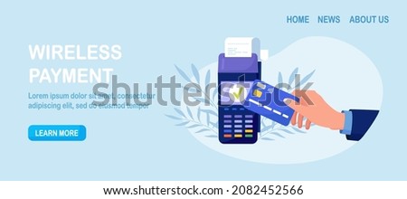 Contactless payment. Human hand holding credit or debit card close to the POS terminal to pay. Transaction by NFC technology. Vector illustration