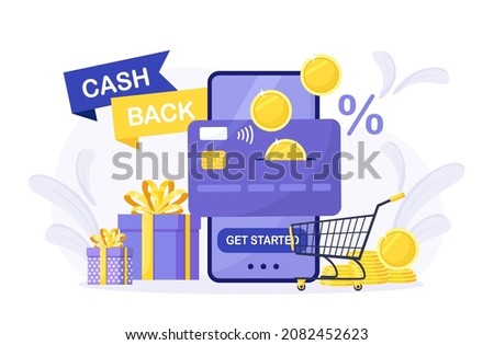 Cash back loyalty program, bonus. Pile of coins, credit card and mobile phone with button get started cashback. Saving money. Refund money service app on smartphone screen. Online banking