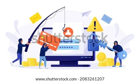 Cyber criminals phishing stealing private personal data, credentials, password, bank document and credit card. Tiny anonymous hackers attacking computer, hacking  email. Cyber crime, hacker attack Сток-фото © 