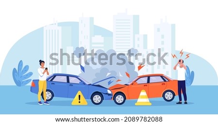 Upset drivers standing near crashed cars. Road traffic accident. Car crash on the road. Vehicle is broken in the city. Smashed auto on highway. Collision of vehicles, wreck. Automobile damaged