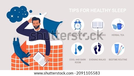 Useful tips and rules for healthy good sleep. Bedtime routine for peaceful dream, relax at night. List of advice to get rid of insomnia, sleeplessness. Man sleeping in bed on pillow with book and cat