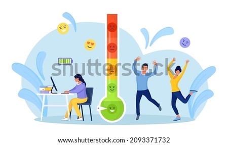 Thermometer as stress level scale emotions, mood. Energetic business woman working at table with computer. Fully charged active mentally healthy employee. Productivity, motivation, enthusiasm