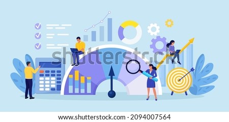 Benchmarking. Compare quality with competitor companies. Performance, quality, cost comparison. Development strategy. People standing near indicator improves company productivity and increases profits Stockfoto © 