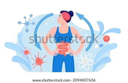 Gut brain connection. Interaction, cooperation and health effects from emotions and thoughts to stomach digestive system. Enteric nervous system in human body. Signals from brain to digestive tract