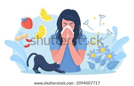 Woman with allergy from pollen, cat fur, citrus, peanuts or berry. Runny nose and watery eyes. Seasonal disease. Causes of allergy. Illness with cough, cold and sneeze symptoms. Vector illustration