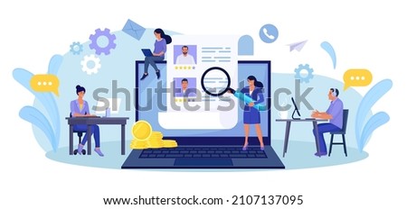 HR Managers Choosing Best Candidate for Job, Searching New Employee. Recruitment, Hiring Process. Online Job interview. Resume of Candidates on Laptop Screen. Vector design