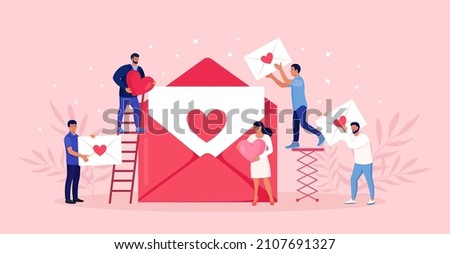 Tiny people send message with red heart. People stand near big envelope and put love letters in it. Happy Valentines day. Romantic email. Vector design