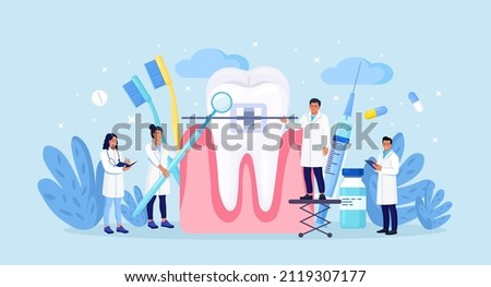 Doctors installing braces in orthodontic clinic. Dental doctor in uniform treating human teeth with braces. Prosthetics and dental care. Orthodontic treatment and cosmetic odontology. Vector design