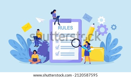 Business people studying list of rules, reading guidance, making checklist. Company order, restrictions. Rules in the document, regulations. Agreements and principles of work in office. Vector design