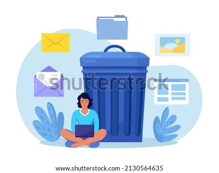 Woman cleaning data files. User removing files or documents to waste bin. Delete file in trash can, removing process, email, folder. Cleaning digital memory. Vector illustration