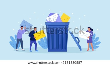 Tiny people deleting data and move unnecessary files to trash bin. Cleaning digital memory, cleaning e-mail, remove spam. Man holding envelope with letter or message. User deleting email to waste bin