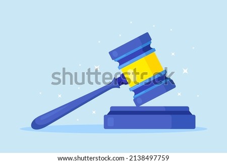 Wooden judicial ceremonial gavel of the chairman for passing sentences and bills. Judge wood hammer for auction, judgment, court. Vector illustration