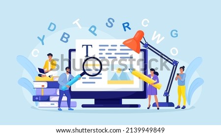 Blog authors writing articles, making valuable content. Freelance writers creating internet content. Copy writer workshop. Writing texts, creativity and promotion, seo marketing. Vector illustration