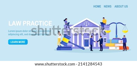 Law and justice concept. Justice scales, supreme court building and judge gavel. Crime courthouse advocate, lawyer consulting to client. Legal advice online, remote. Vector illustration