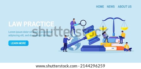 Law and Justice. Men discuss legal issues, people work on laptop near justice scales, judge gavel, wooden hammer. Supreme court. Lawyer consulting client. Legislation, civil regulation 