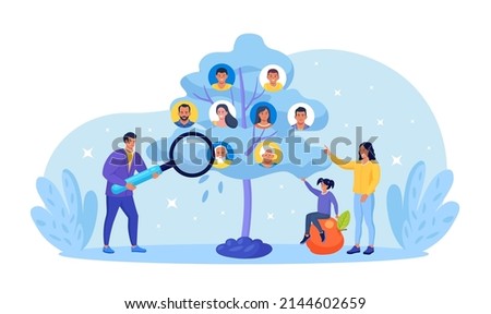 Family genealogical tree with portraits of relatives. Genealogy. Tiny people study pedigree. Generations. Parents and grandparents, children and cousins. Vector design