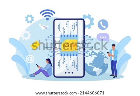 Embedded sim card on microcircuit. Young people use modern mobile phone with eSIM card chip. Smartphone without classical sim card. New digital technology. Cellphone with integrated circuit card Stockfoto © 