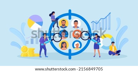 Focus group concept. People avatars in crosshair. Businessmen study audience, research consumer behavior. Target audience at aim. Customer attraction campaign, accurate seo, advertising. Vector design