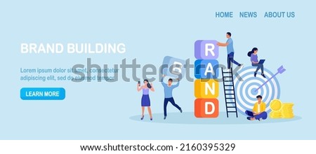 Brand Building. Businessmen Create Corporate Identity, Brand Communication. Business People Work Together and Build Tower of Colored Cubes. Marketing Promotional Campaign. Reputation management