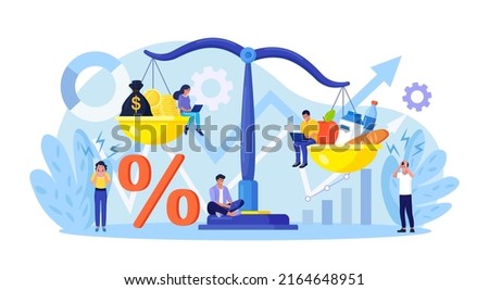 Inflation in economy. Scales with food and gold coins. Goods and services costs more value. Rising food prices. Loss of purchasing power, increase in consumer prices, fall of currency value