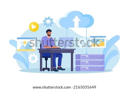 Cloud computing, online database, web hosting. People storing data and processing data on web server. Man using computer upload and download information on cloud storage. Vector design